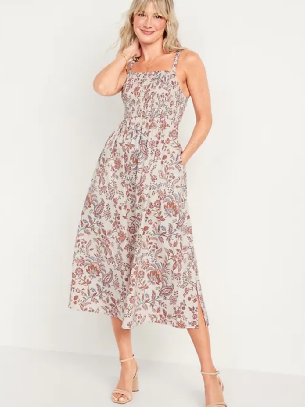 Old Navy Fit & Flare Sleeveless Cotton-Poplin Smocked-Bodice Midi Dress Medium